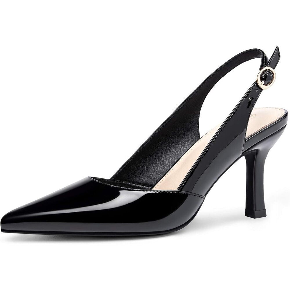 〽️Women Black Patent Leather Slingback Kitten Heels Pointed Toe Dress Pump Shoes